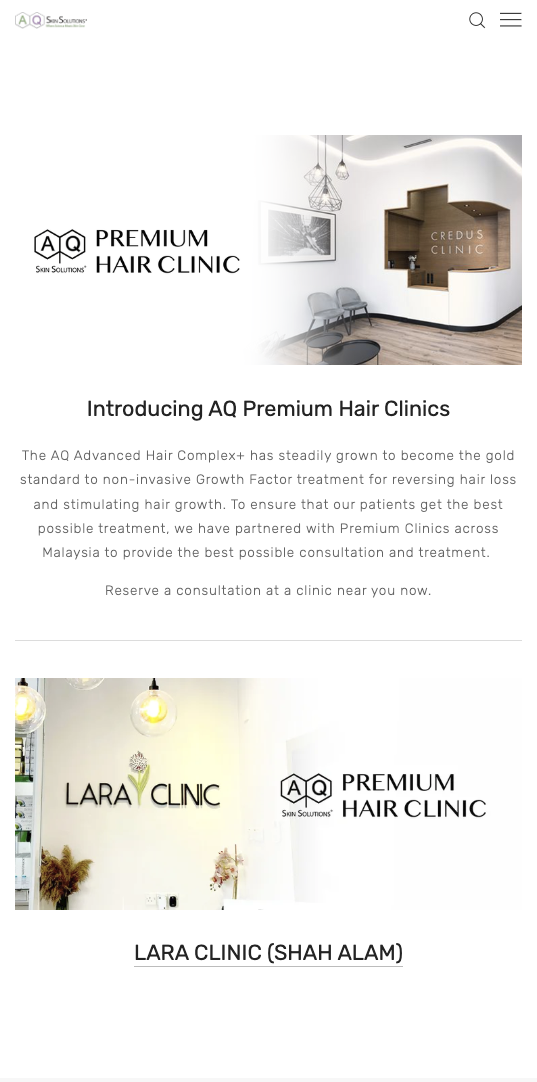 AQ Skin Solutions mobile website shown in a phone mockup